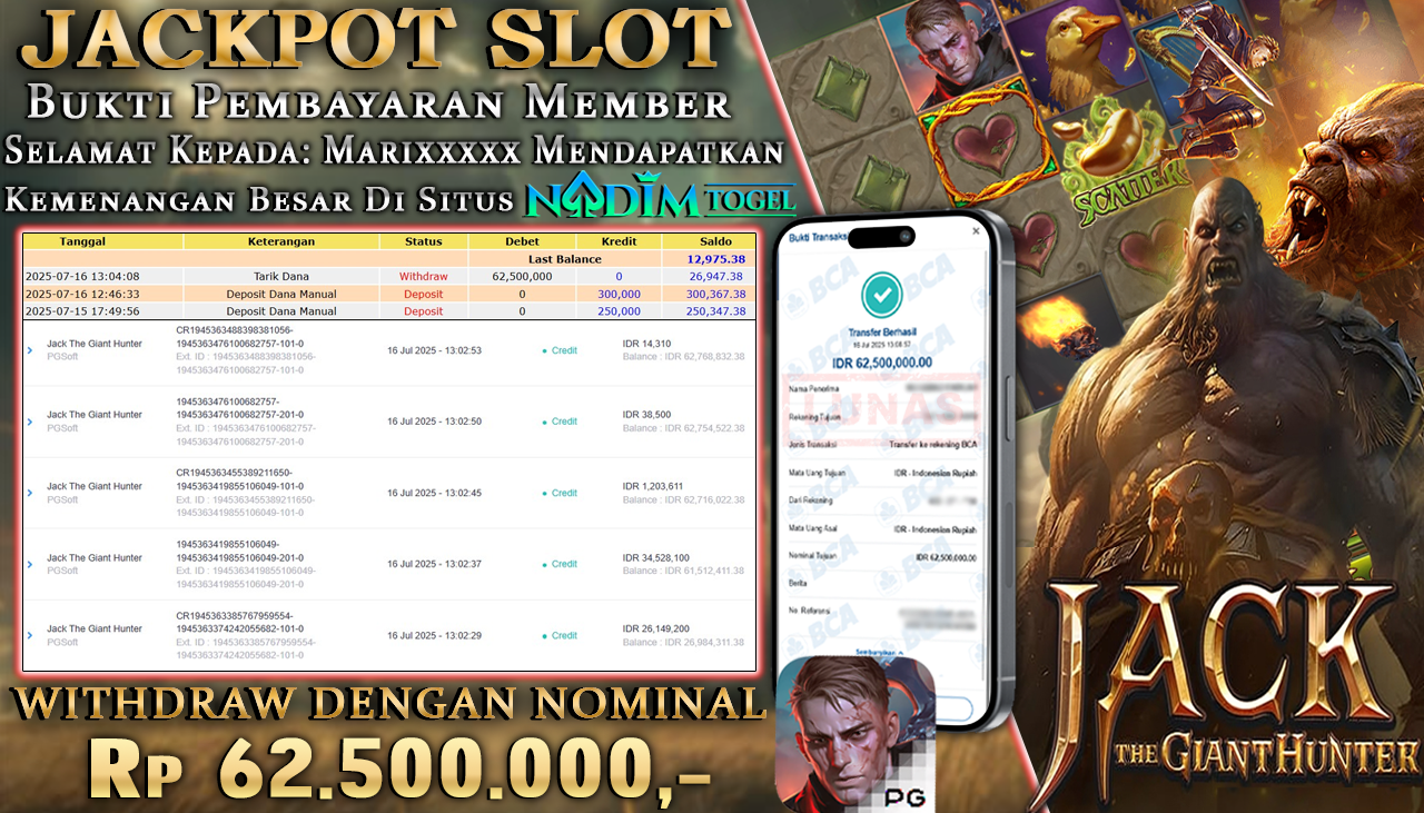 NADIMTOGEL JACKPOT SLOT  JACK THE GIAN HUNTER Rp 62.500.000,- LUNAS