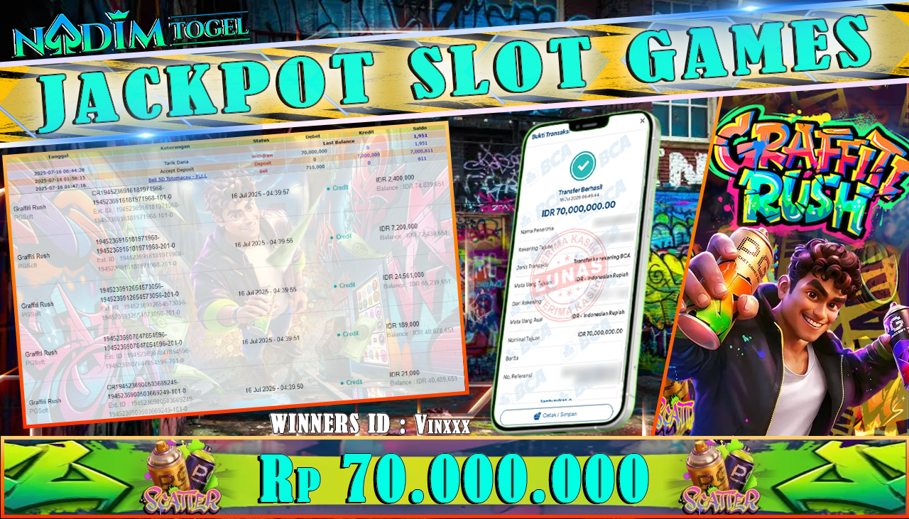 NADIMTOGEL JACKPOT SLOT GRAFFITI RUSH Rp 70.000.000,- LUNAS