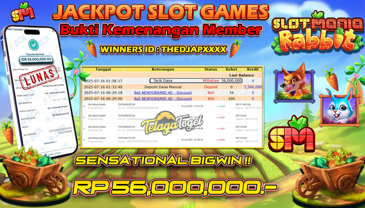 TELAGATOGEL JACKPOT SLOT - SLOT MANIA RABBIT Rp 56.000.000,- LUNAS  