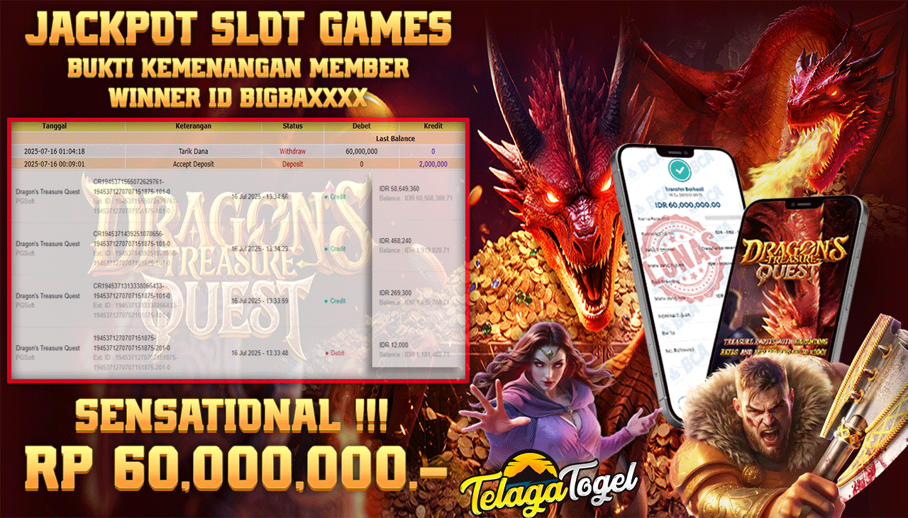 TELAGATOGEL JACKPOT SLOT DRAGONS TREASURE QUEST Rp 60.000.000,- LUNAS  