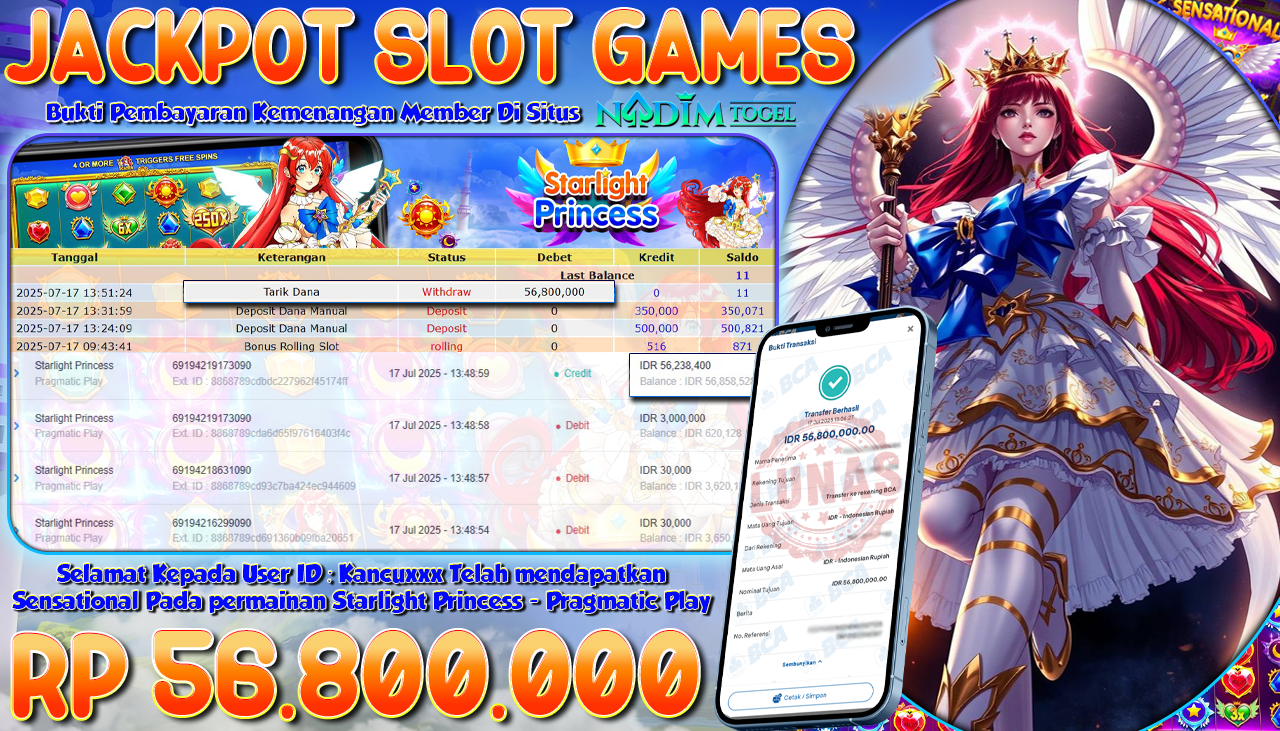 NADIMTOGEL JACKPOT SLOT STARLIGHT PRINCESS Rp 56.800.000,- LUNAS