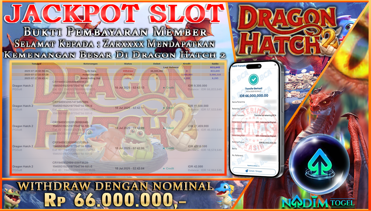 NADIMTOGEL JACKPOT SLOT DRAGON HATCH 2 Rp 66.000.000,- LUNAS