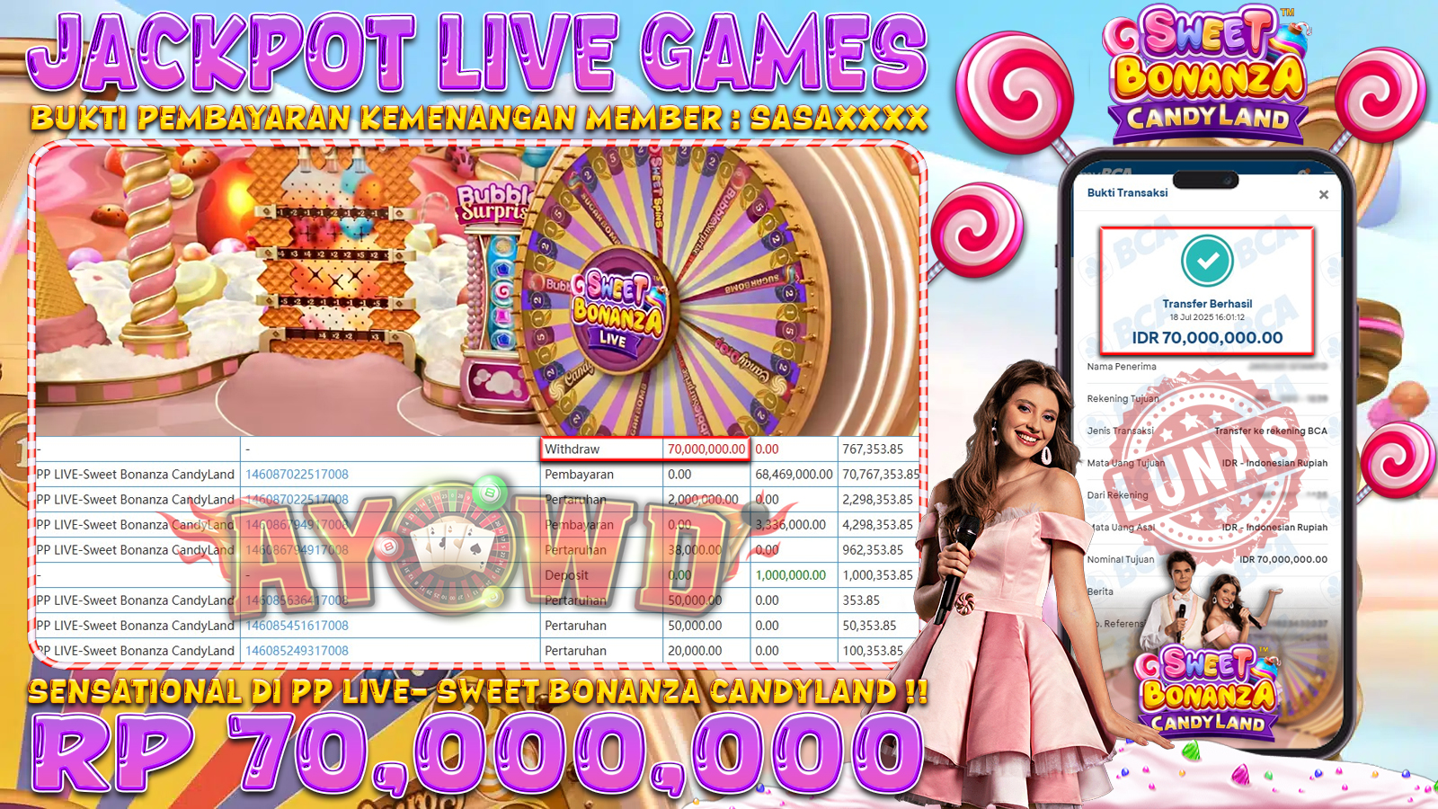 AYOWD JACKPOT LIVE GAMES PP-Sweet Bonanza CandyLand Rp 70,000,000,- LUNAS