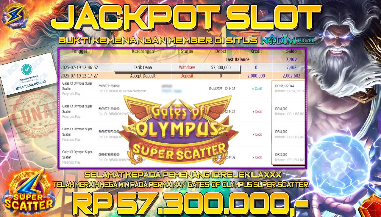 NADIMTOGEL JACKPOT SLOT GATES OF OLYMPUS SUPER SCATTER Rp 57.300.000,- LUNAS