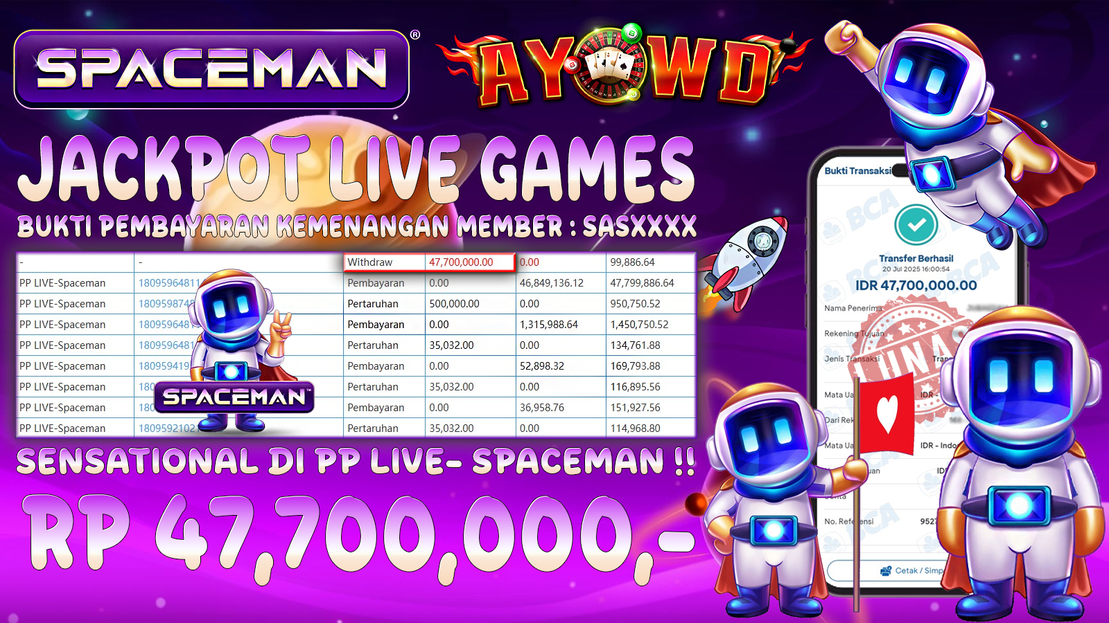 AYOWD JACKPOT PP LIVE-Spaceman Rp 47,700,000 LUNAS