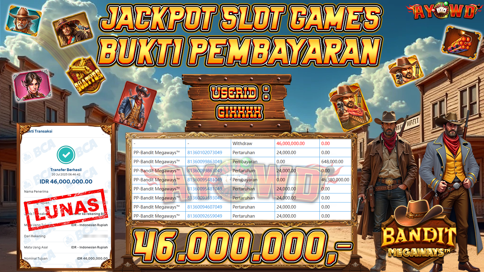AYOWD JACKPOT SLOT GAMES PP-Bandit Megaways™ Rp 46,000,00,- LUNAS