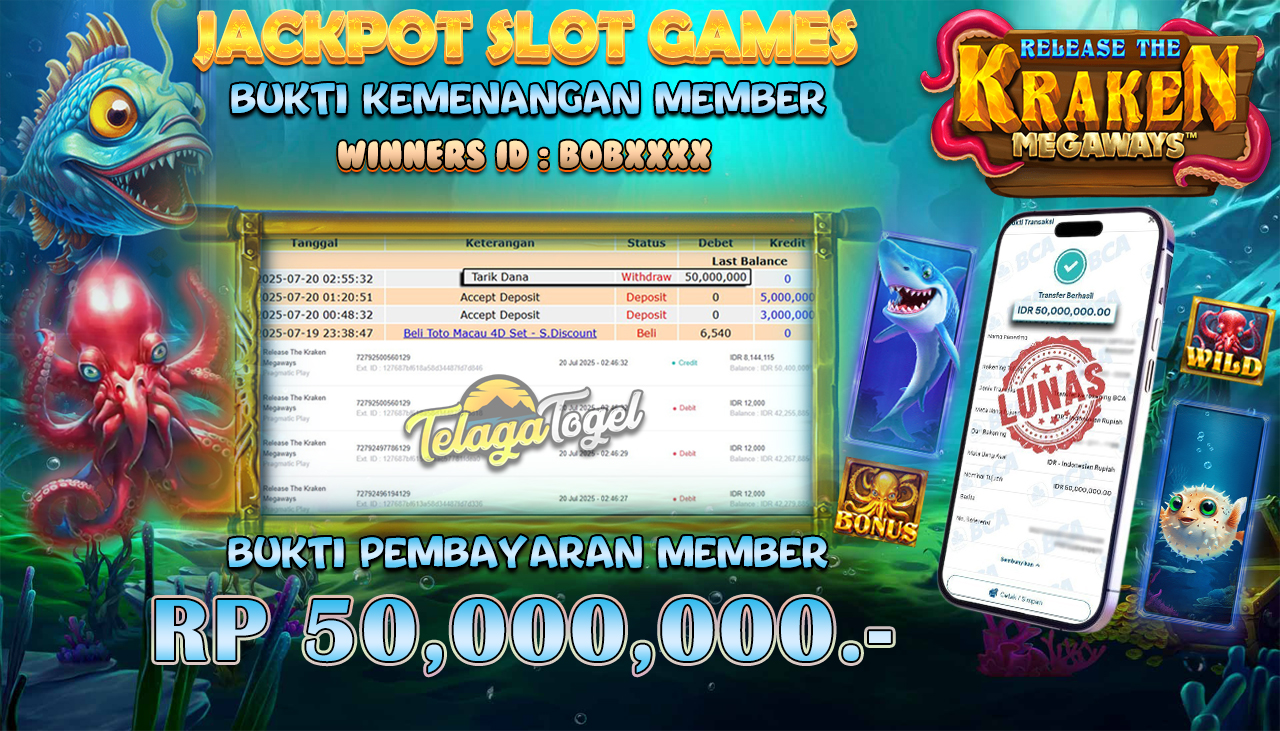 TELAGATOGEL JACKPOT SLOT RELASE THE KRAKEN MEGAWAYS Rp 50.000.000,- LUNAS  