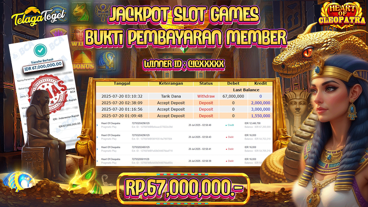 TELAGATOGEL JACKPOT SLOT HEART OF CLEOPATRA  Rp 67.000.000,- LUNAS  