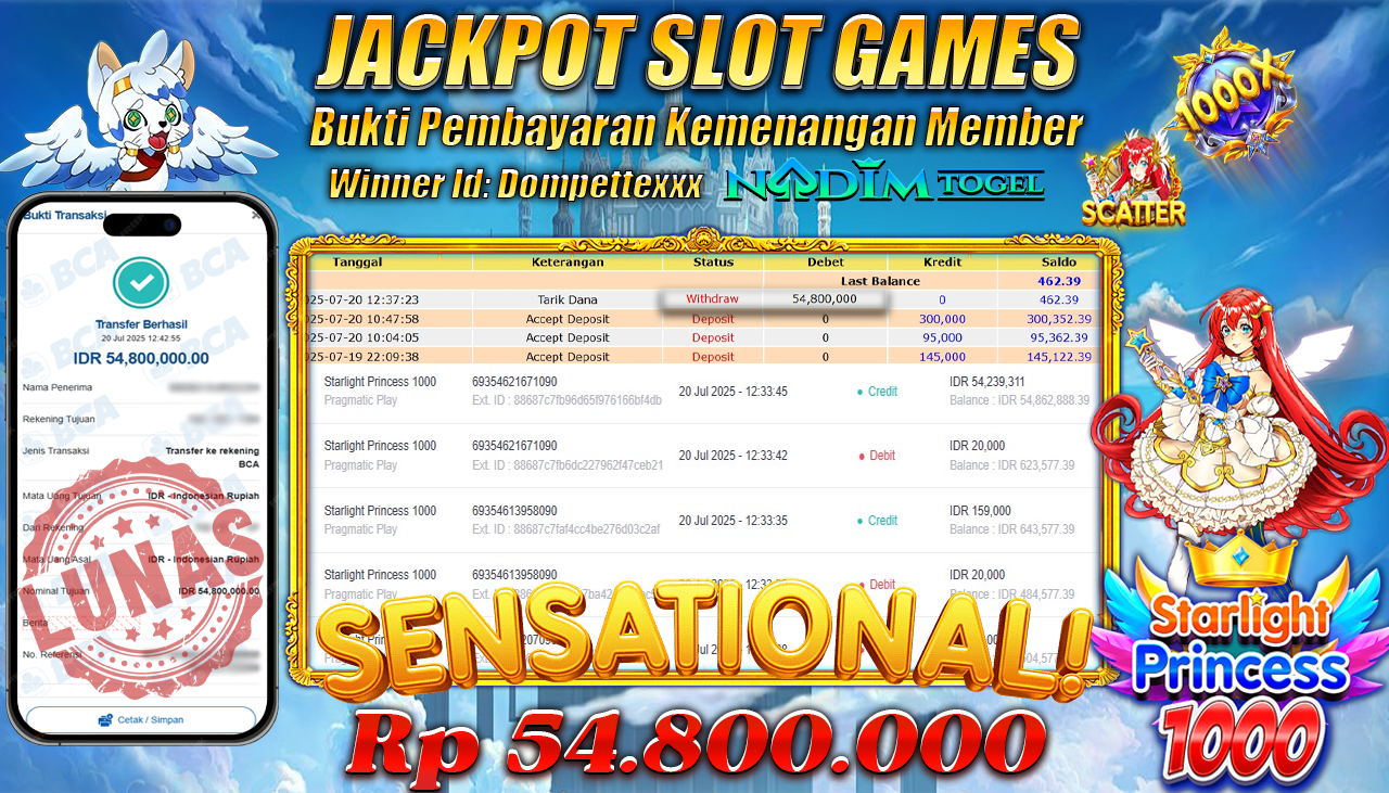 NADIMTOGEL JACKPOT SLOT STARLIGHT PRINCESS 1000 - PRAGMATIC PLAY Rp 54.800.000,- LUNAS