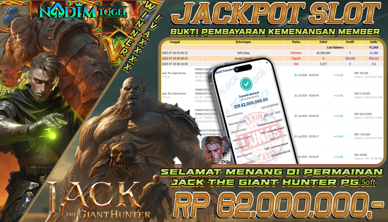 NADIMTOGEL JACKPOT SLOT JACK THE GIANT HUNTER Rp 62.000.000,- LUNAS