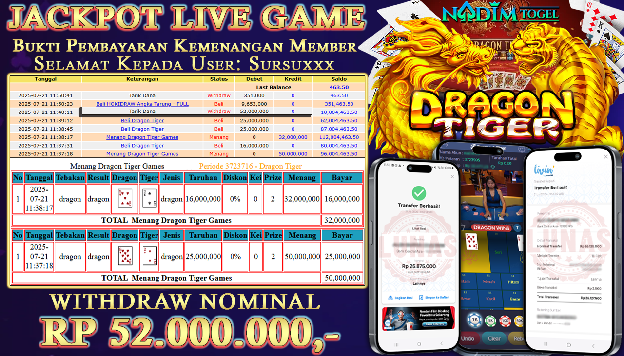 NADIMTOGEL JACKPOT LIVEGAME DRAGON & TIGER Rp 52.000.000,- LUNAS