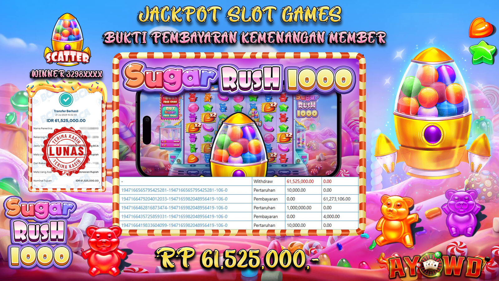 AYOWD JACKPOT SLOT GAMES PP-SUGAR RUSH 1000 Rp 61,525,000,- LUNAS