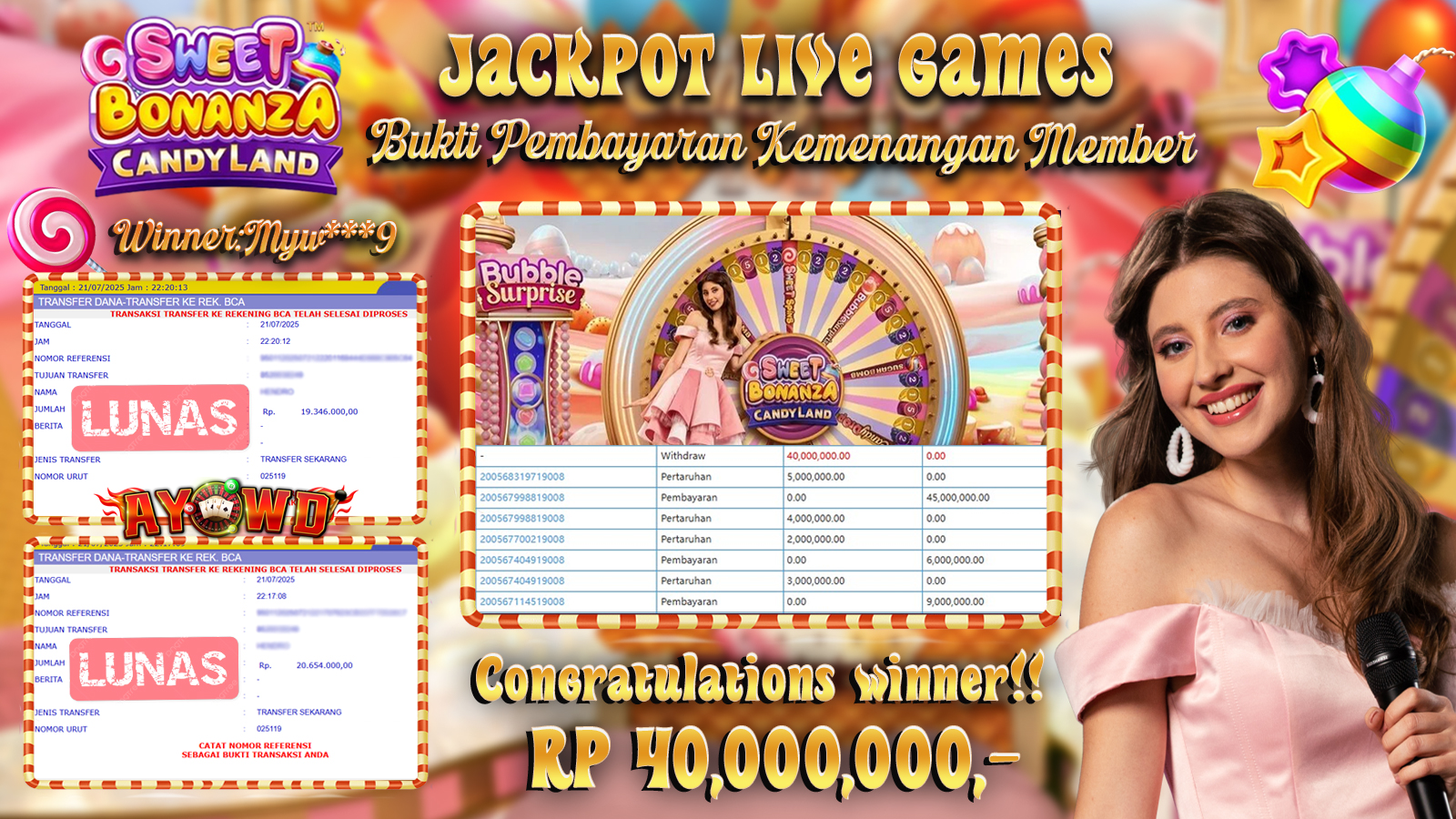 AYOWD JACKPOT PP LIVE-SWEET BONANZA CANDY LAND Rp 40,000,000 LUNAS