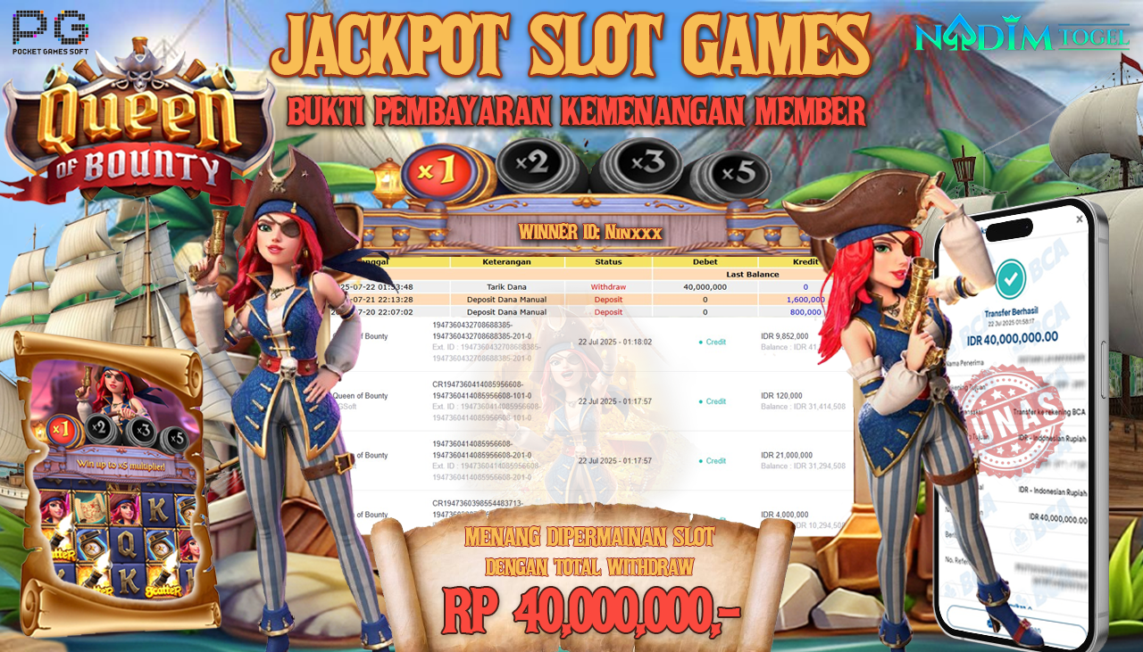 NADIMTOGEL JACKPOT SLOT QUEEN OF BOUNTY Rp 40.000.000,- LUNAS