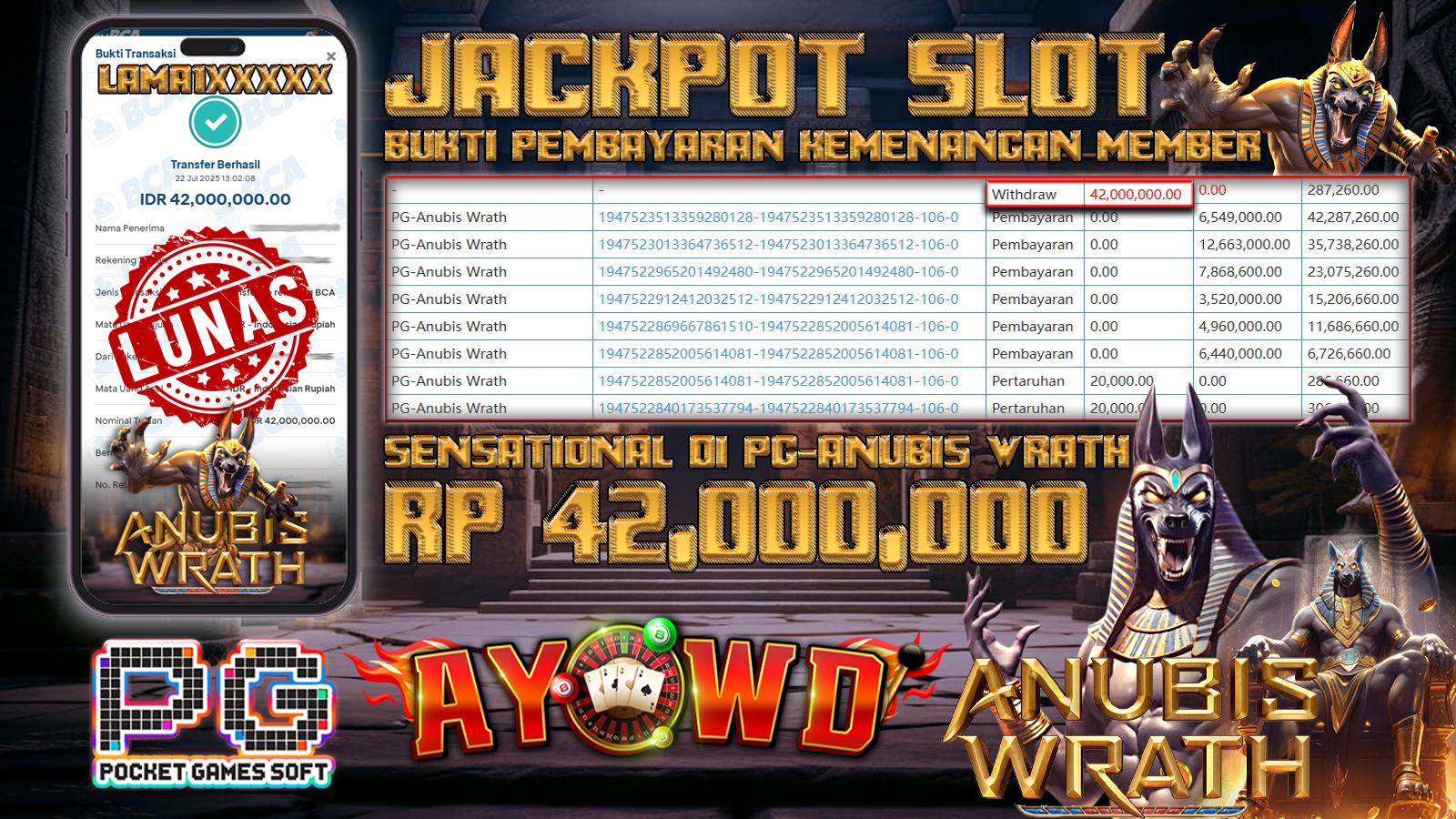 AYOWD JACKPOT SLOT GAMES PG-Anubis Wrath Rp 42,000,000 LUNAS
