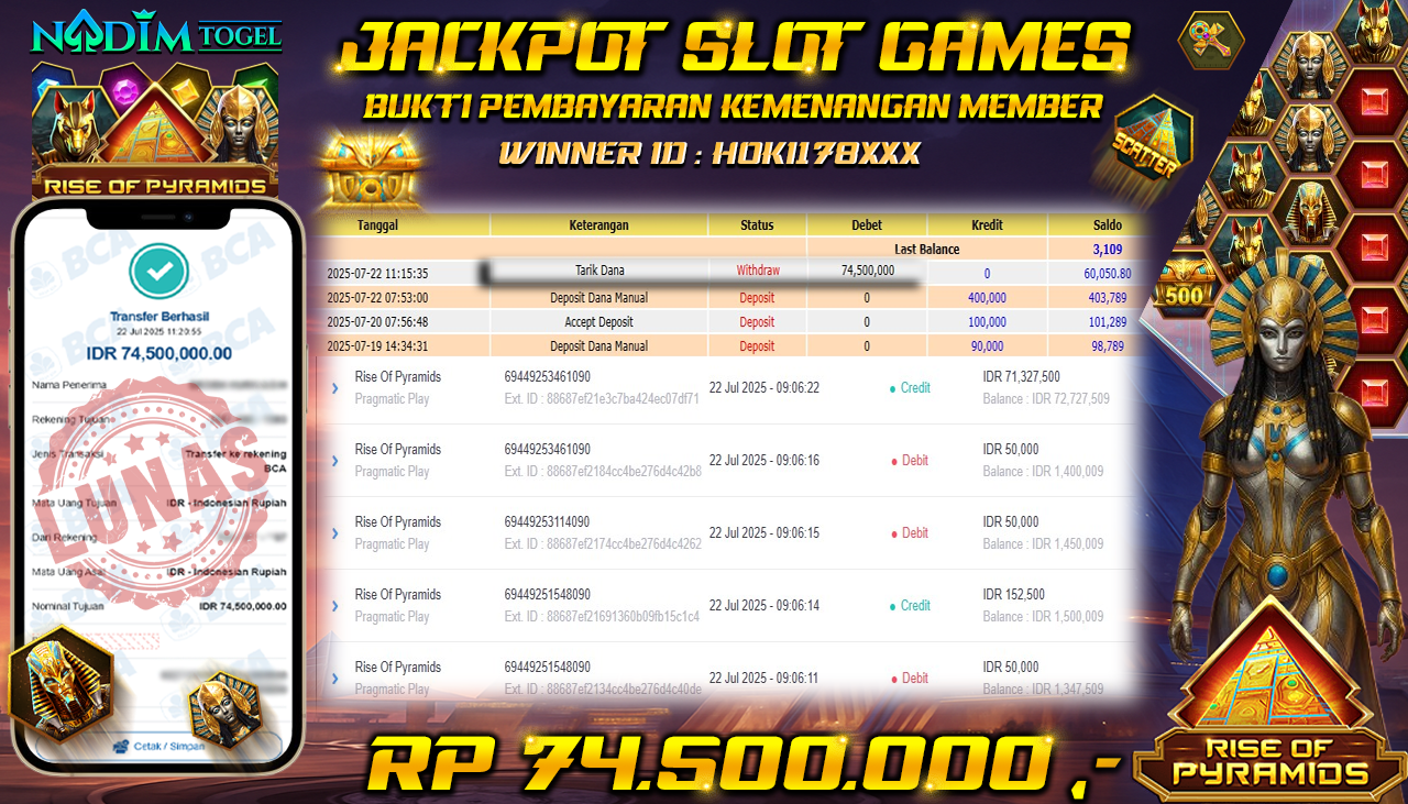 NADIMTOGEL JACKPOT SLOT RISE OF PYRAMIDS Rp 74.500.000,- LUNAS