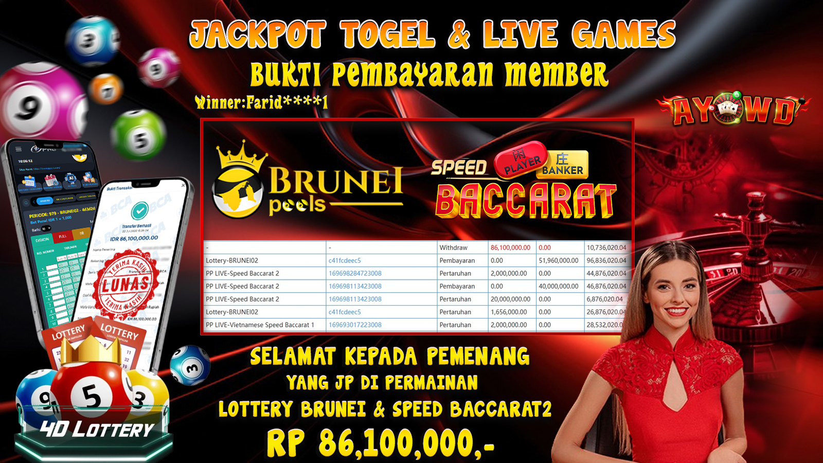 AYOWD JACKPOT TOGEL-LOTTERY BRUNEI & LIVE GAMES SPEED BACCARAT 2  Rp 86,100,000LUNAS