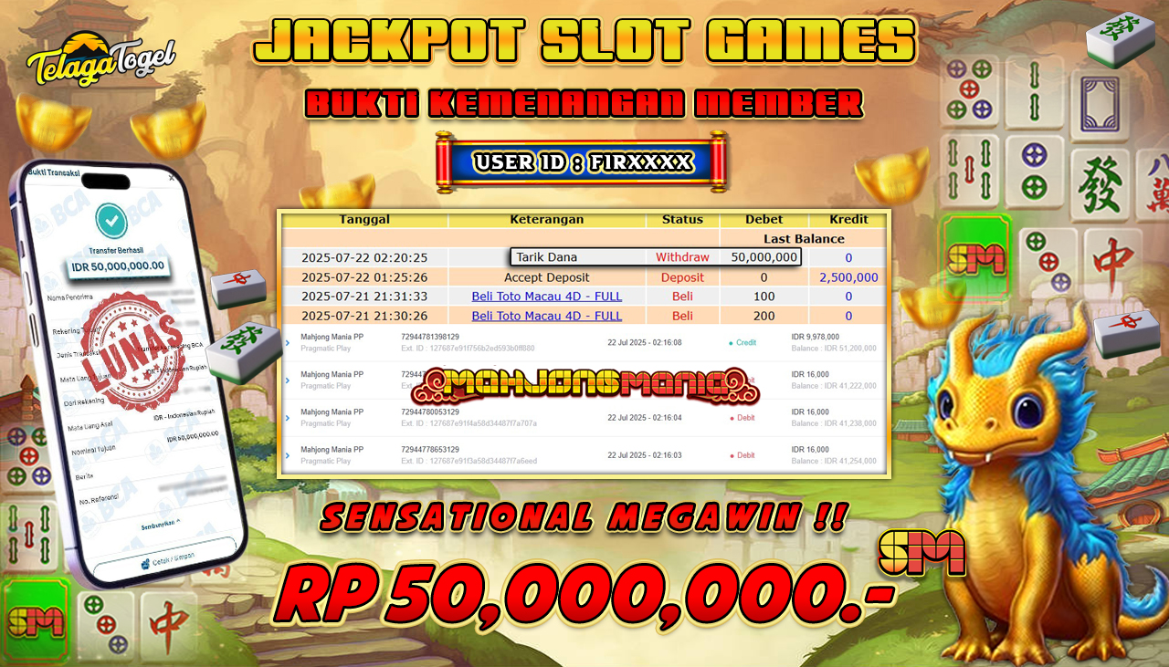 TELAGATOGEL JACKPOT SLOT MAHJONG MANIA PP Rp 50.000.000,- LUNAS  