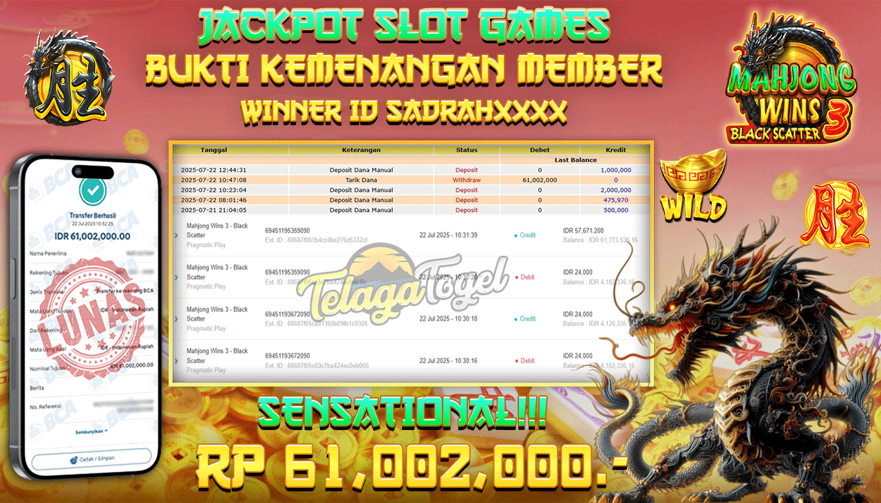 TELAGATOGEL JACKPOT SLOT MAHJONG WINS 3 BLACK SCATTER Rp 61.002.000,- LUNAS  