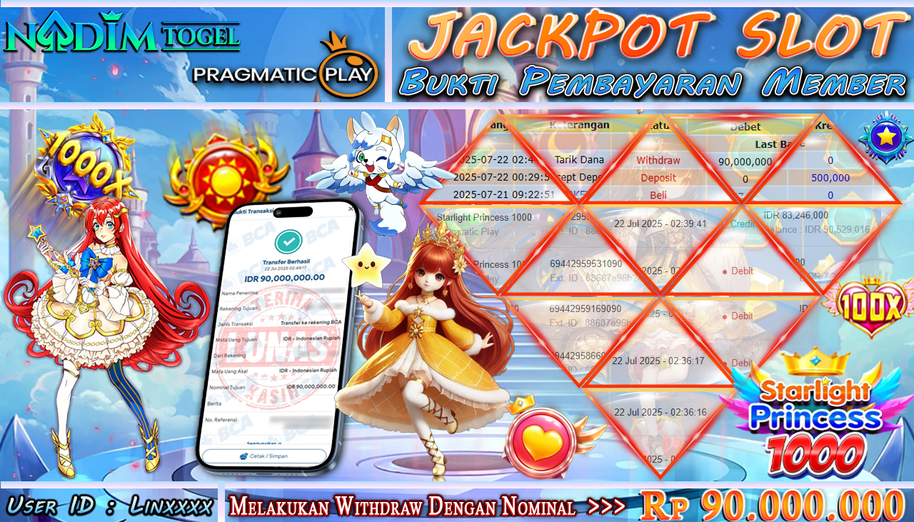 NADIMTOGEL JACKPOT SLOT STARLIGHT PRINCESS 1000 Rp 90.000.000,- LUNAS