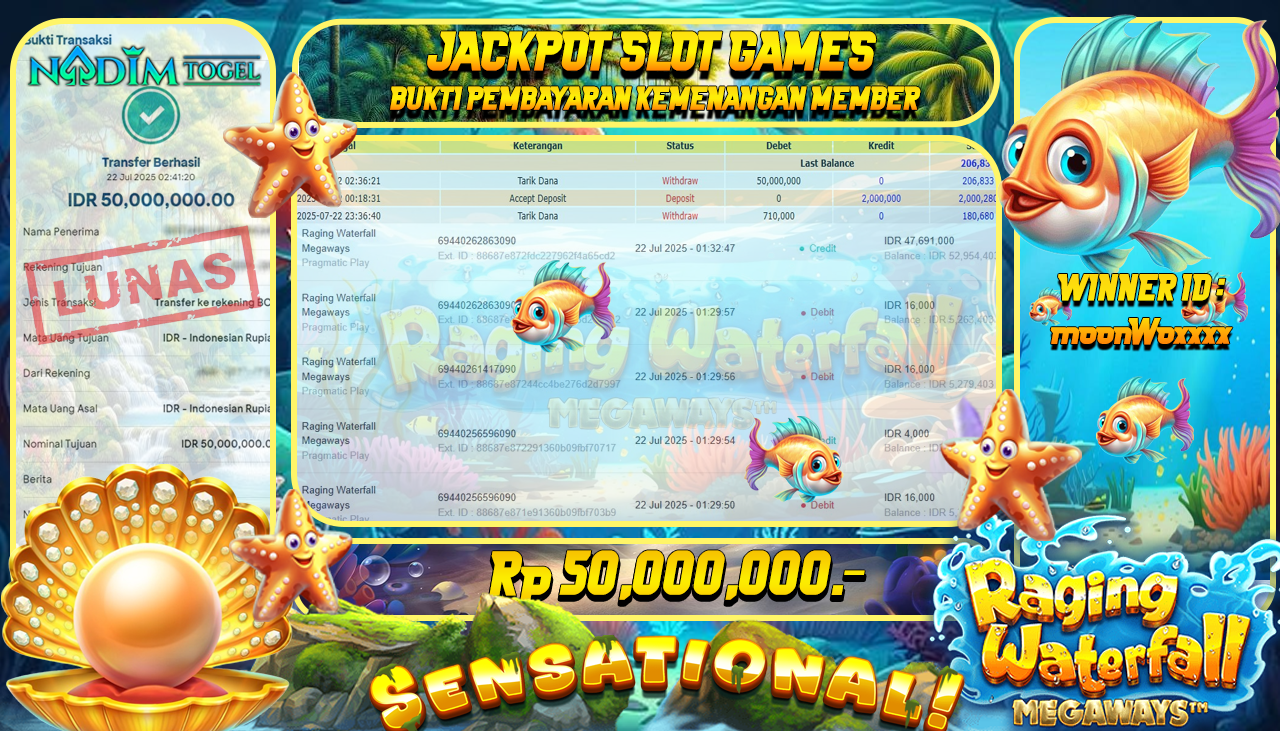 NADIMTOGEL JACKPOT SLOT RAGING WATERFALL MEGAWAYS Rp 50.000.000,- LUNAS