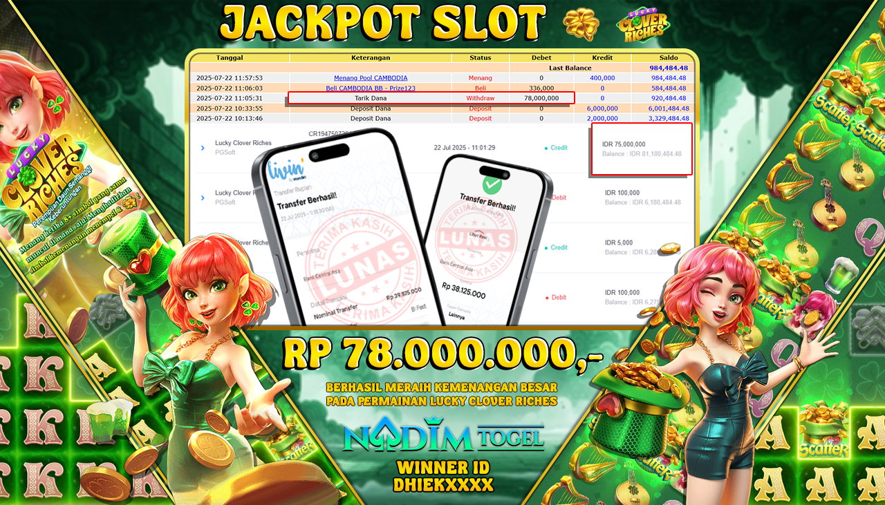 NADIMTOGEL JACKPOT SLOT LUCKY CLOVER RICHES Rp 78.000.000,- LUNAS