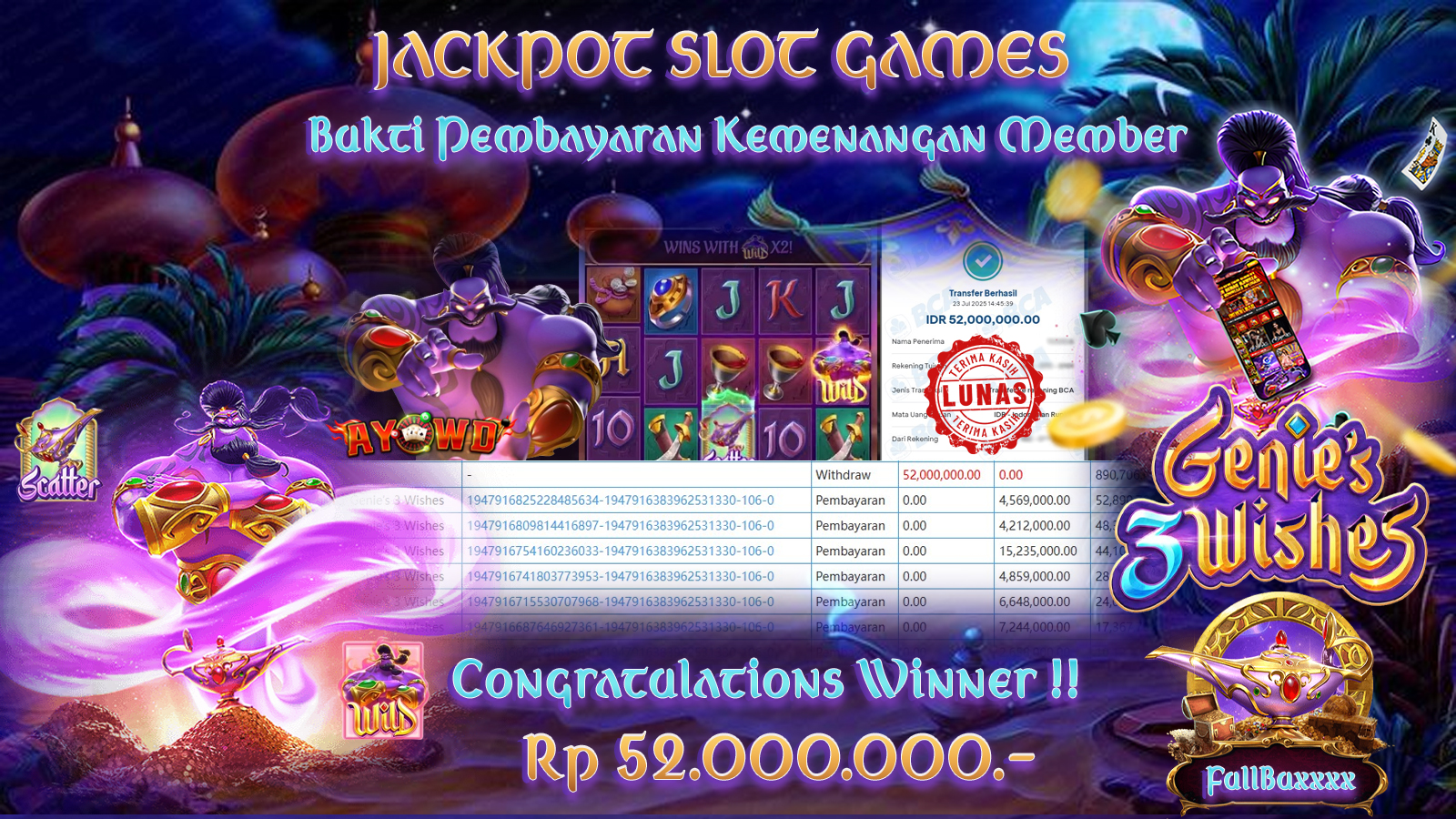 AYOWD JACKPOT SLOT GAMES PG-GENIES 3 WISHES Rp 52,000,000 LUNAS