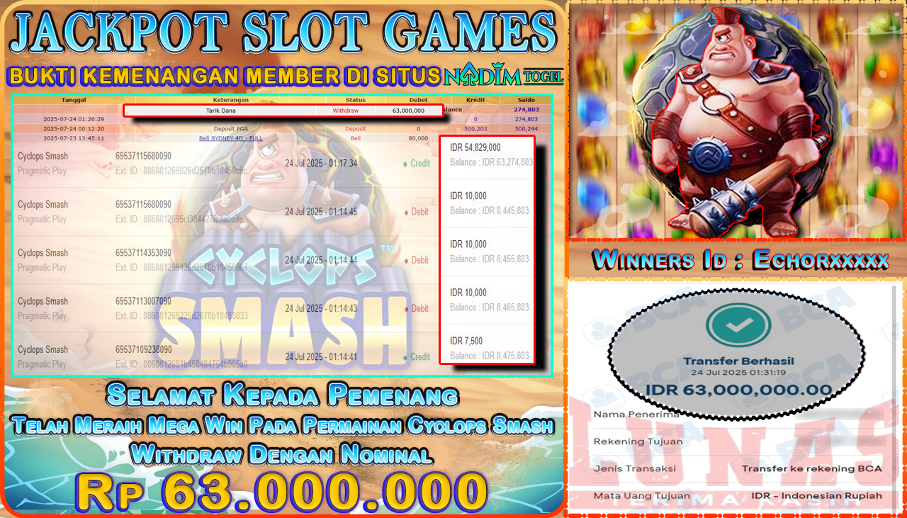 NADIMTOGEL JACKPOT SLOT CYCLOPS SMASH Rp 63.000.000,- LUNAS
