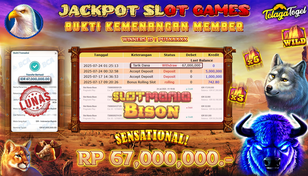TELAGATOGEL JACKPOT SLOT - SLOT MANIA BISON Rp 67.000.000,- LUNAS  
