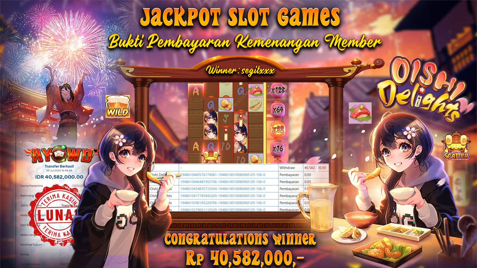 AYOWD JACKPOT SLOT GAMES PG-OISHI DELIGHTS Rp 40,582,000 LUNAS