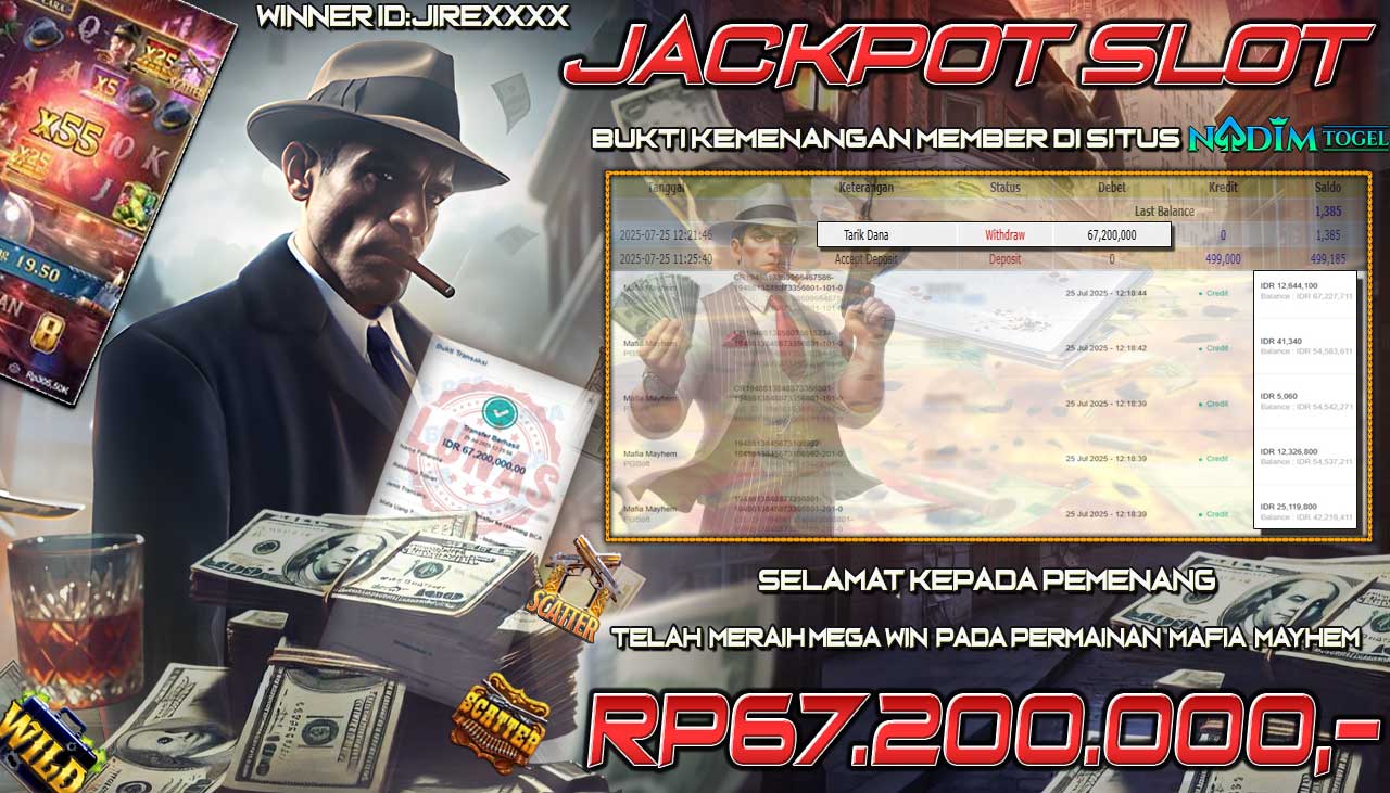 NADIMTOGEL JACKPOT SLOT MAFIA MAYHEM Rp 67.200.000,- LUNAS