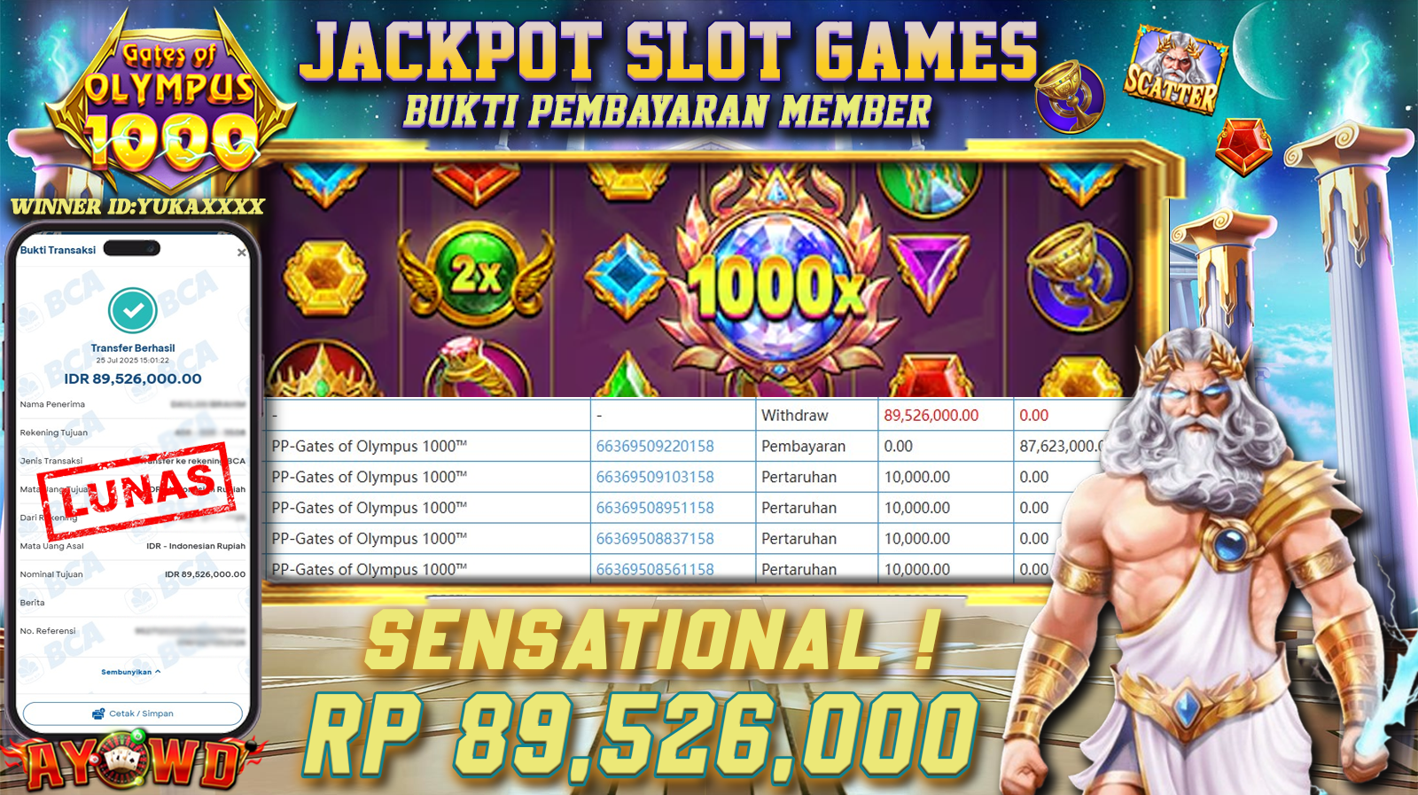 AYOWD JACKPOT SLOT GAMES PP-GATES OF OLYMPUS 1000 Rp 89,526.000 LUNAS