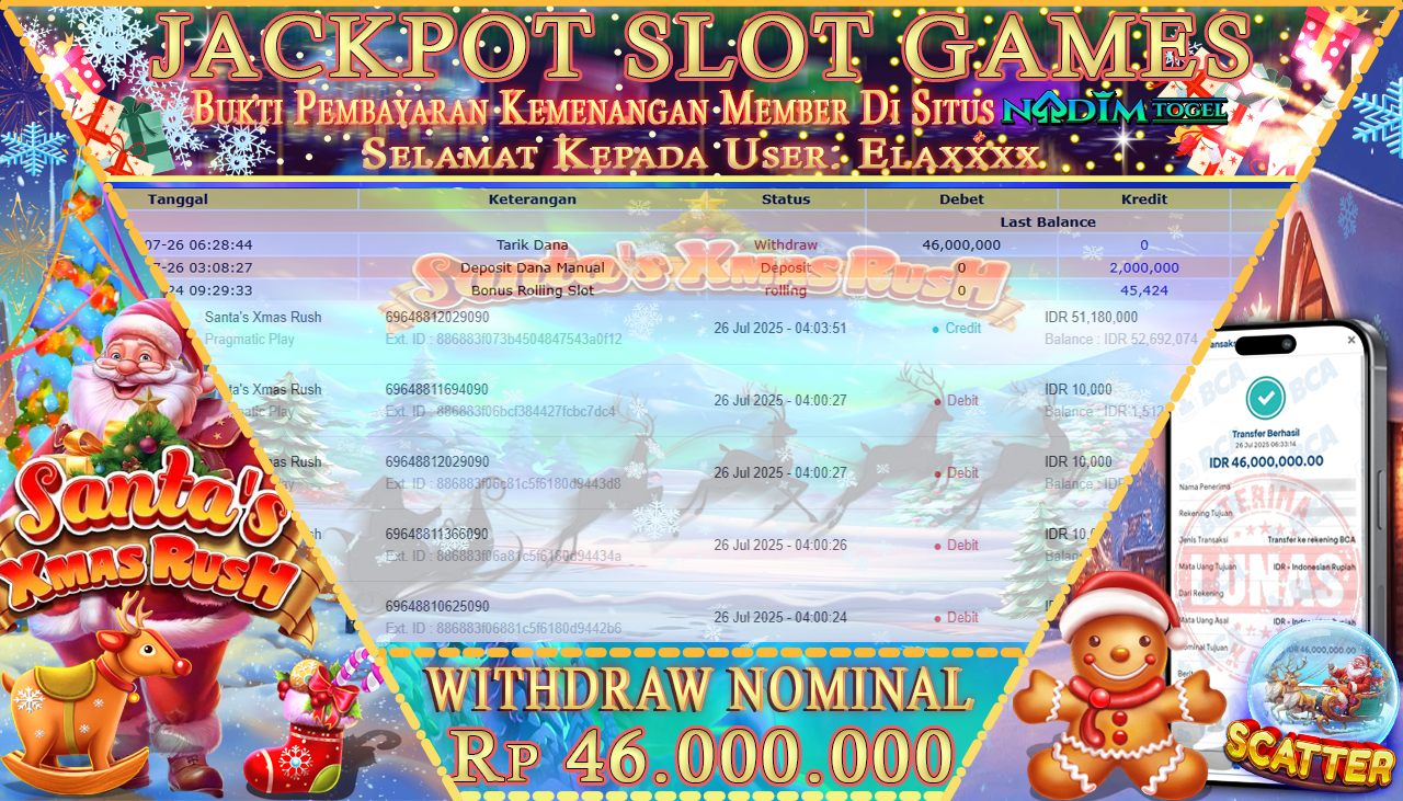 NADIMTOGEL JACKPOT SLOT SANTA S XMAS RUSH Rp 46.000.000,- LUNAS