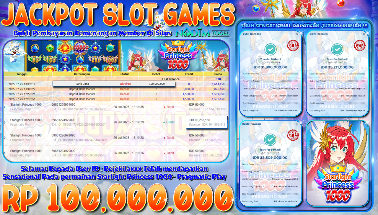 NADIMTOGEL JACKPOT SLOT STARLIGHT PRINCESS 1000 Rp 100.000.000,- LUNAS
