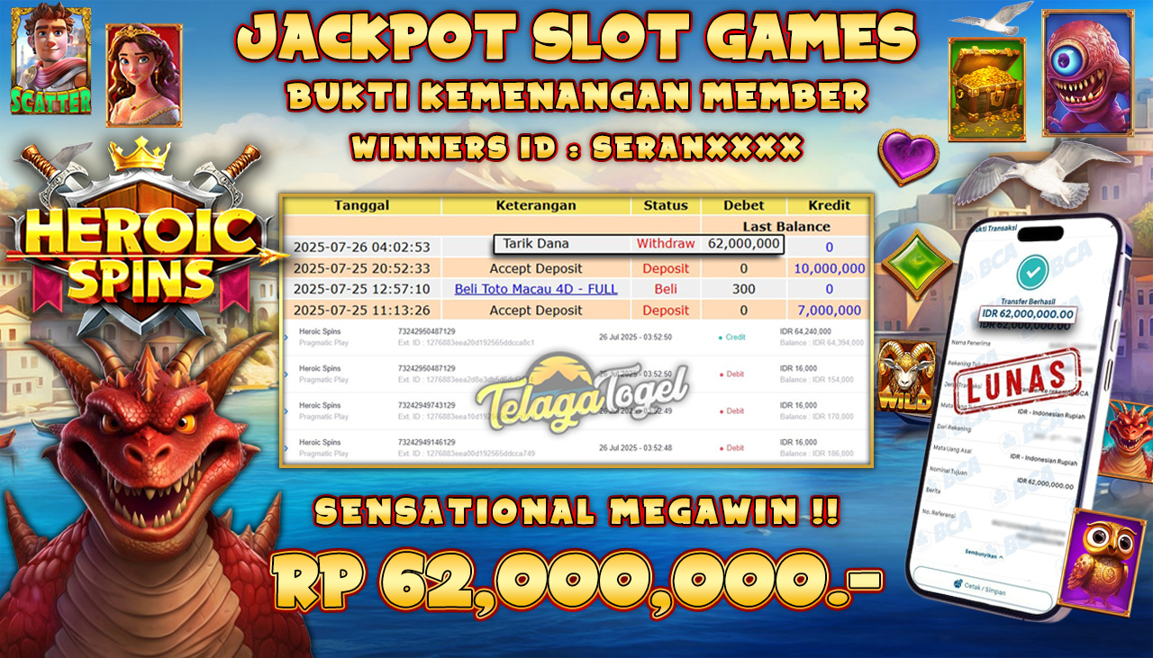 TELAGATOGEL JACKPOT SLOT HEROIC SPIN Rp 62.000.000,- LUNAS  