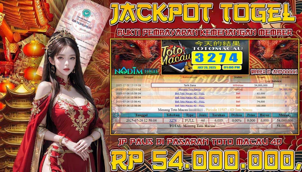 NADIMTOGEL JACKPOT TOGEL TOTO MACAU 4D Rp 54.000.000,- LUNAS