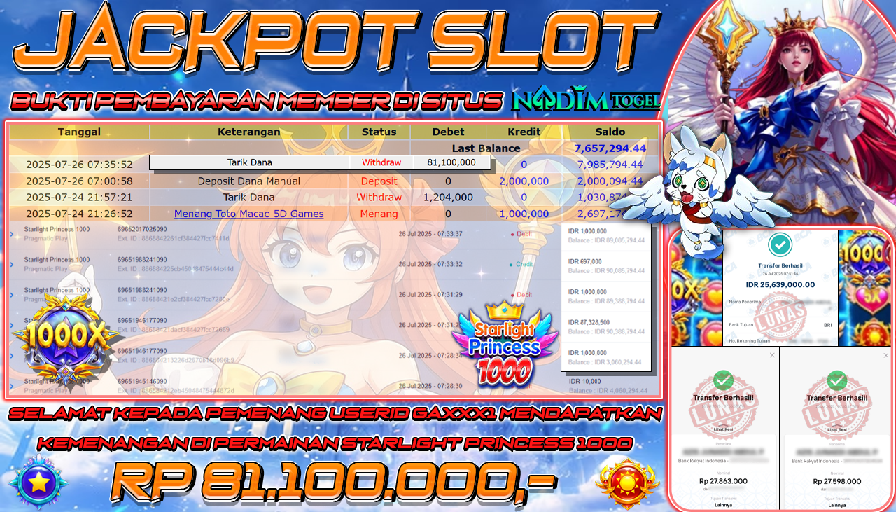 NADIMTOGEL JACKPOT SLOT STARLIGHT PRINCESS 1000 Rp 81.100.000,- LUNAS