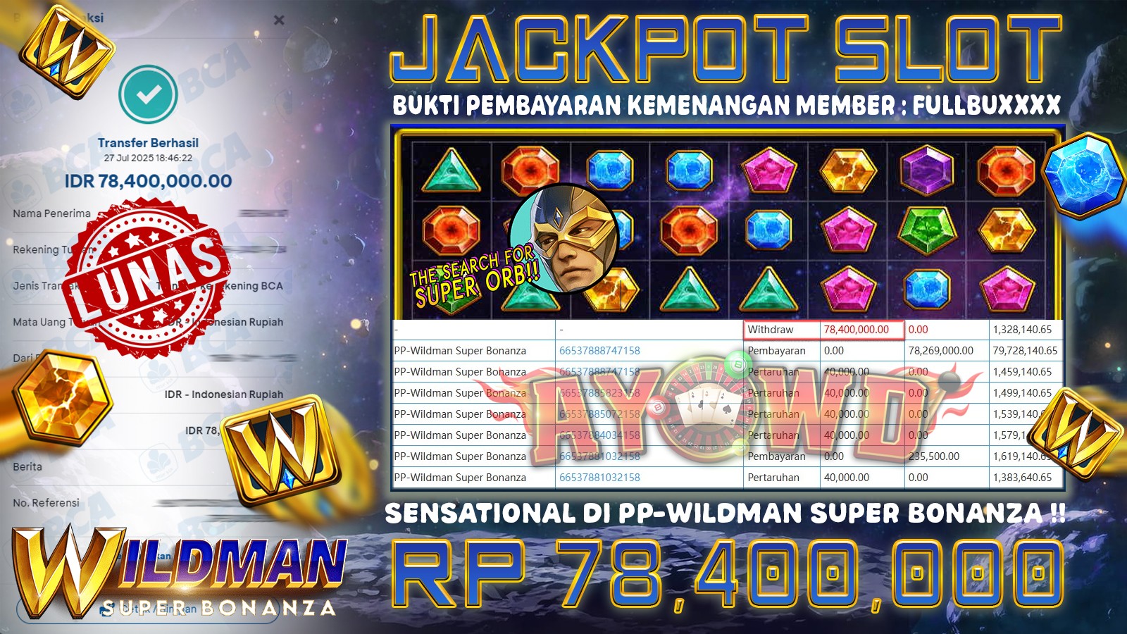 AYOWD JACKPOT SLOT GAMES PP-WILDMAN SUPER BONANZA Rp 78,400,000 LUNAS
