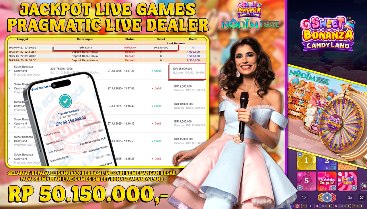 NADIMTOGEL JACKPOT LIVE GAMES SWEET BONANZA CANDY LAND Rp 50.150.000,- LUNAS