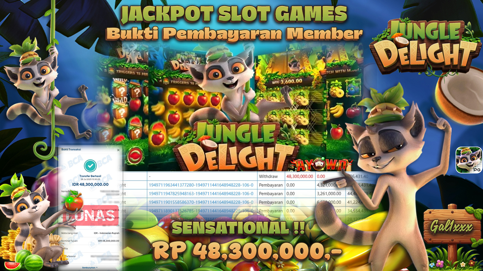 AYOWD JACKPOT SLOT GAMES PG-JUNGLE DELIGHT Rp 48,300,000 LUNAS