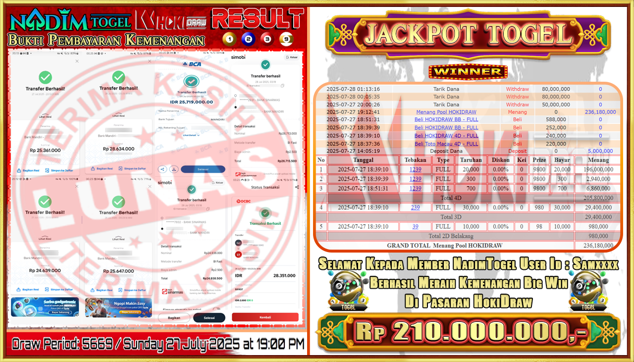 NADIMTOGEL JACKPOT TOGEL PASARAN HOKIDRAW Rp 210.000.000,- LUNAS