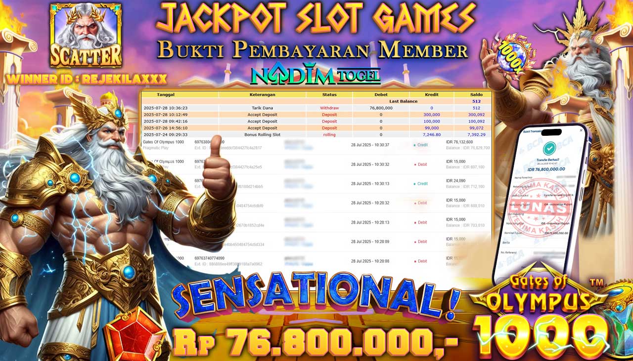 NADIMTOGEL JACKPOT SLOT GATES OF OLYMPUS 1000 Rp 76.800.000,- LUNAS