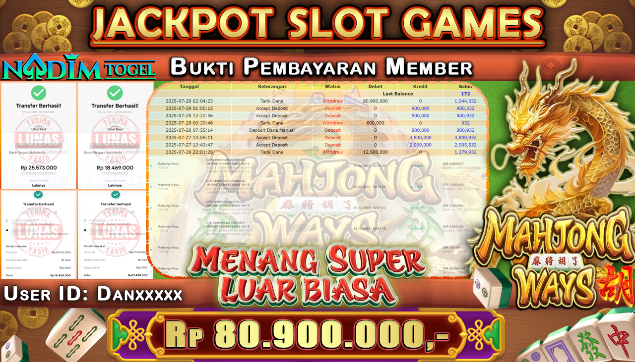 NADIMTOGEL JACKPOT SLOT MAHJONG WAYS Rp 80.900.000,- LUNAS