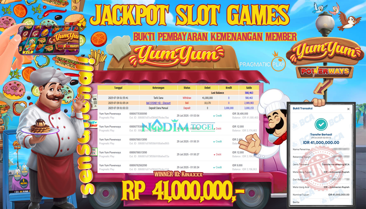 NADIMTOGEL JACKPOT SLOT YUM YUM POWERWAYS Rp 41.000.000,- LUNAS
