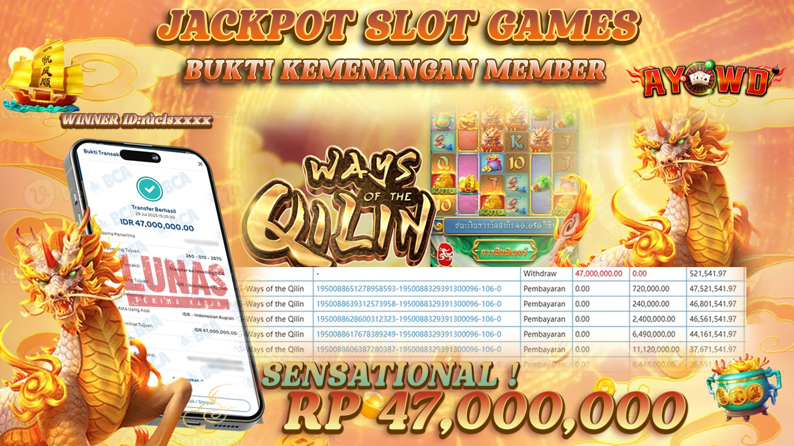 AYOWD JACKPOT SLOT GAMES PG-WAYS OF THE QILIN Rp 47,000,000,- LUNAS