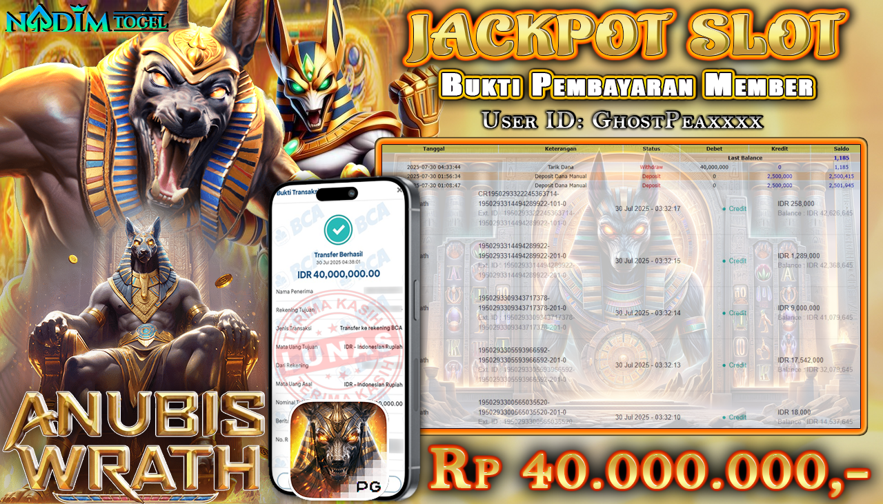 NADIMTOGEL JACKPOT SLOT JACKPOT ANUBIS WRATH Rp 40.000.000,- LUNAS