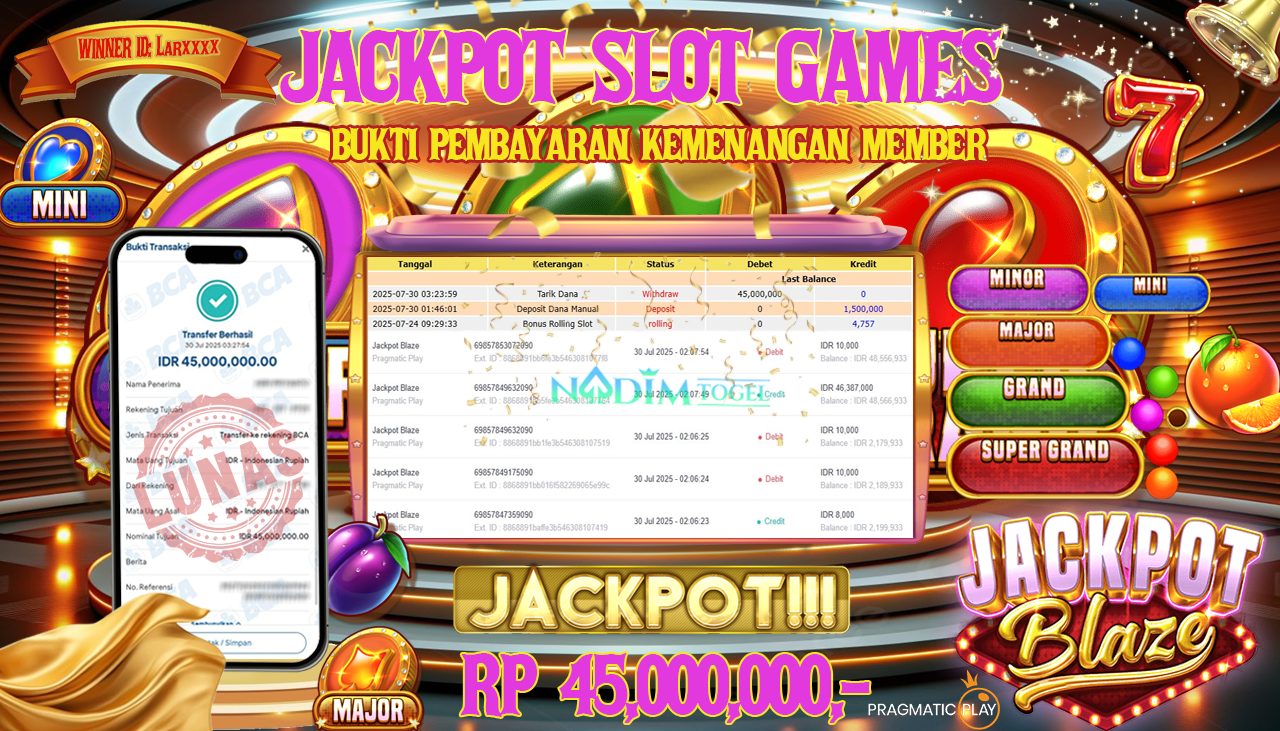 NADIMTOGEL JACKPOT SLOT JACKPOT BLAZE CARNIVAL Rp 45.000.000,- LUNAS