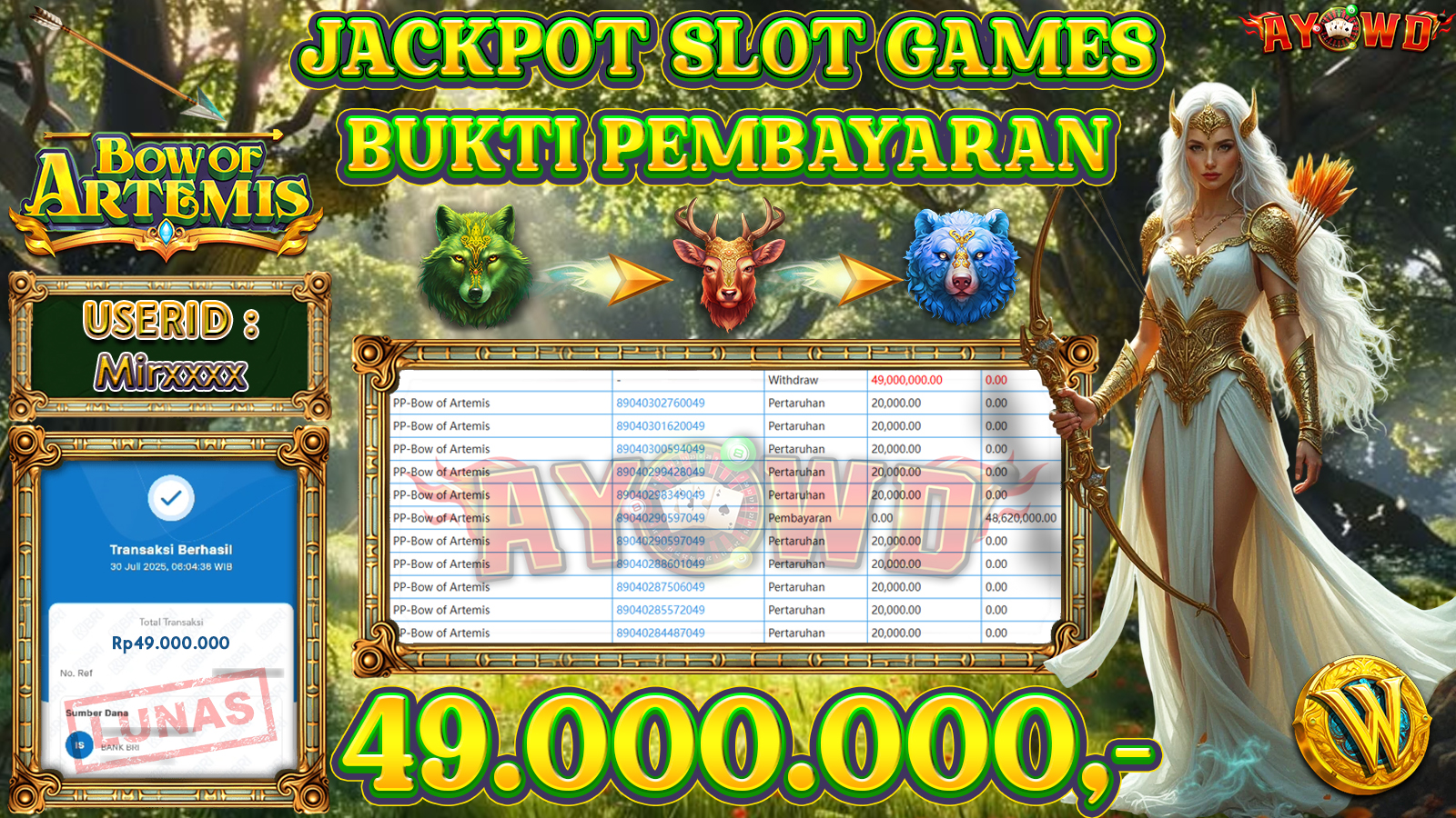 AYOWD JACKPOT SLOT GAMES PP-Bow of Artemis Rp 49,000,000,- LUNAS