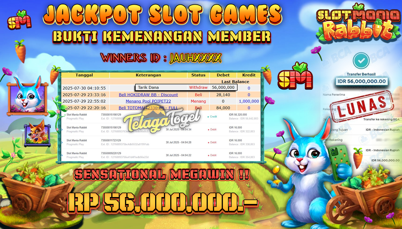 TELAGATOGEL JACKPOT SLOT - SLOT MANIA RABBIT Rp 56,000,000.- LUNAS  
