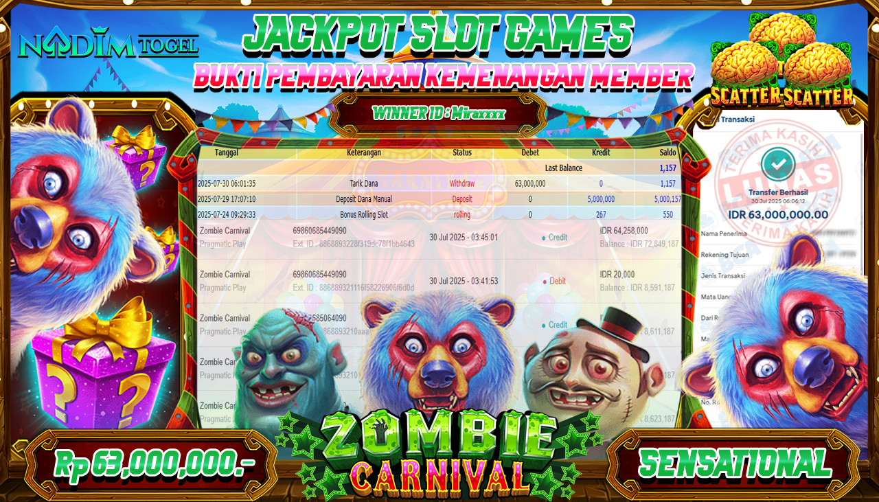 NADIMTOGEL JACKPOT SLOT ZOMBIE CARNIVAL Rp 63.000.000,- LUNAS